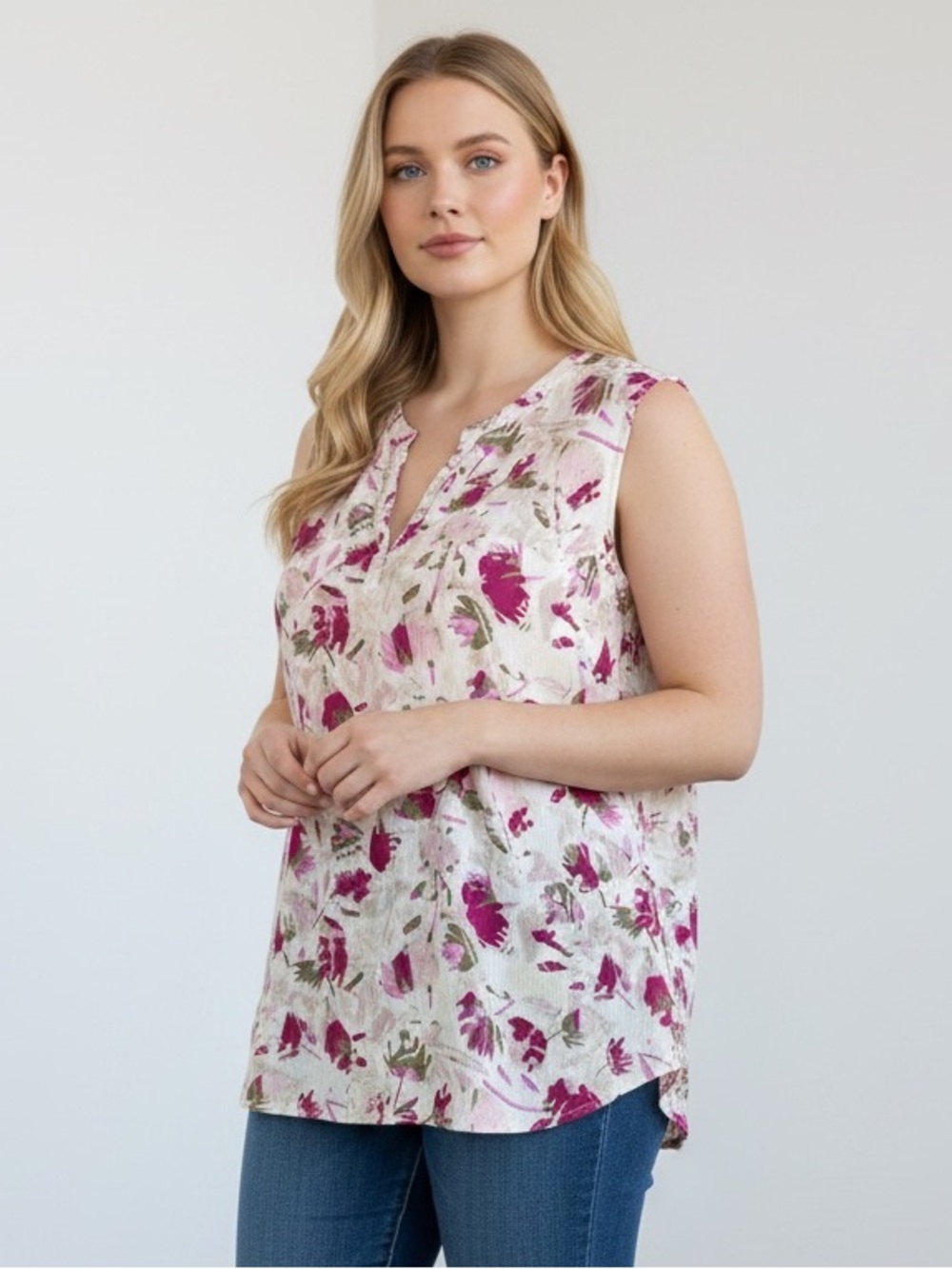 Lane Bryant Sleeveless Crinkle Gauze Split Neck Floral Top Sz 22
